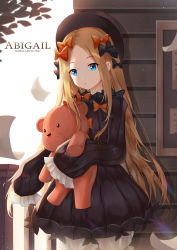 Rule 34 | 1girl, abigail williams (fate), absurdres, artist name, black bow, black dress, black hat, blonde hair, bloomers, blue eyes, bow, bug, butterfly, character name, day, dress, fate/grand order, fate (series), fence, forehead, hair bow, hat, head tilt, highres, hugging object, insect, long hair, long sleeves, looking at viewer, orange bow, outdoors, parted bangs, parted lips, polka dot, polka dot bow, revision, shirokun0824, sleeves past fingers, sleeves past wrists, solo, stuffed animal, stuffed toy, teddy bear, underwear, very long hair, white bloomers