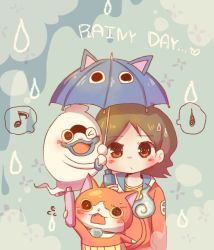 Rule 34 | 10s, 1boy, amano keita, blue lips, blush, brown hair, cat, closed umbrella, english text, fangs, ghost, haramaki, heart, holding, holding umbrella, hood, hooded jacket, jacket, jibanyan, musical note, one eye closed, open clothes, open jacket, open mouth, quaver, short hair, spoken musical note, sweat, umbrella, umi (srtm07), water drop, whisper (youkai watch), traditional youkai, youkai watch