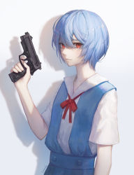Rule 34 | 1girl, absurdres, artist name, ayanami rei, beretta 92, blouse, blue dress, blue hair, closed mouth, commentary, dress, expressionless, finger on trigger, gun, hair between eyes, hand up, handgun, highres, holding, holding gun, holding weapon, looking at viewer, neck ribbon, neon genesis evangelion, pale skin, pinafore dress, pistol, red eyes, red ribbon, ribbon, romaji commentary, school uniform, shadow, shirt, short hair, short sleeves, sleeveless dress, solo, tokyo-3 middle school uniform, upper body, weapon, white background, white shirt, zieru