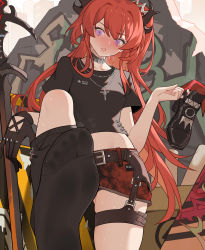Rule 34 | 1girl, absurdres, arknights, belt, black belt, black choker, black gloves, black legwear, black shirt, blush, chinese commentary, choker, collarbone, commentary request, crop top, cross, cross necklace, crown, foot focus, gloves, hand up, highres, holding, holding shoes, horns, jewelry, long hair, looking at viewer, midriff, mini crown, miniskirt, necklace, no navel, nose blush, official alternate costume, one side up, parted lips, pencil skirt, purple eyes, red hair, red skirt, shirt, shoes, unworn shoes, short sleeves, single glove, skirt, solo, standing, surtr (arknights), surtr (liberte echec) (arknights), sword, thigh strap, very long hair, weapon, xssh