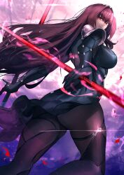 Rule 34 | 1girl, absurdres, armor, ass, black gloves, bodysuit, breasts, closed mouth, cowboy shot, dual wielding, fate/grand order, fate (series), gae bolg (fate), gloves, hair intakes, highres, holding, holding polearm, holding weapon, large breasts, legs apart, long hair, looking at viewer, looking back, pauldrons, polearm, purple background, purple bodysuit, purple hair, purple theme, red eyes, scathach (fate), shoulder armor, smile, solo, weapon, yujieai