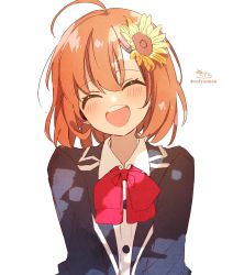 Rule 34 | 1girl, :d, ^ ^, ahoge, black jacket, blush, bow, brown hair, closed eyes, collared shirt, commentary request, dress shirt, facing viewer, flower, hair between eyes, hair flower, hair ornament, hairclip, head tilt, highres, honma himawari, jacket, nijisanji, open clothes, open jacket, open mouth, red bow, shirt, signature, simple background, smile, sofra, solo, sunflower, sunflower hair ornament, twitter username, upper body, virtual youtuber, white background, white shirt, yellow flower
