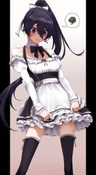 Rule 34 | 1girl, absurdres, apron, apron tug, black border, black hair, black ribbon, black skirt, black thighhighs, blue eyes, blush, border, bow, breasts, closed mouth, collarbone, detached collar, embarrassed, floating hair, frilled sleeves, frills, hair between eyes, hair bow, high ponytail, highres, layered skirt, long hair, long sleeves, maid, miniskirt, off-shoulder shirt, off shoulder, original, pillarboxed, ribbon, shirt, skirt, sleeves past wrists, small breasts, solo, speech bubble, spoken squiggle, squiggle, standing, takagi mitsukuni, thighhighs, very long hair, white apron, white bow, white shirt, zettai ryouiki