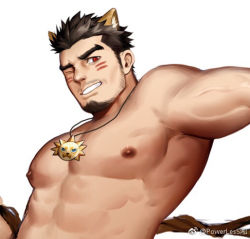 Rule 34 | 1boy, abs, alca (wakatanka4), alternate facial hair, animal ears, bara, beard, black hair, commission, facial hair, facial mark, gyee, large pectorals, lion boy, lion ears, long sideburns, looking at viewer, lowres, male focus, mature male, muscular, muscular male, nipples, nude, one eye closed, original, pectorals, powerlesssong, short hair, sideburns, solo, stomach, thick eyebrows, upper body, weibo logo, weibo watermark