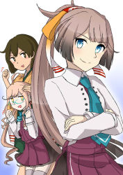 Rule 34 | 3girls, ahoge, blazer, blue eyes, blue neckwear, bow, bowtie, brown hair, clenched hands, closed mouth, commentary request, cowboy shot, crossed arms, double bun, dress, glasses, gradient background, grey legwear, hair bun, hair ribbon, hand on another&#039;s head, hiryuu (kancolle), iwana, jacket, japanese clothes, kantai collection, kazagumo (kancolle), long hair, long sleeves, makigumo (kancolle), multiple girls, necktie, open mouth, pink hair, pleated dress, ponytail, remodel (kantai collection), ribbon, school uniform, shirt, short hair, sleeveless, sleeveless dress, solo focus, standing, tan, thighhighs, twintails, white jacket, white shirt, yellow eyes