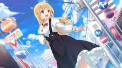 Rule 34 | 1girl, 22/7, 22/7 ongaku no jikan, bakemonogatari, black skirt, blonde hair, blue sky, bow, bowtie, building, cloud, collared shirt, cosplay, cowboy shot, dutch angle, frilled skirt, frills, from below, fujima sakura, game cg, hachikuji mayoi, hachikuji mayoi (cosplay), hand on own chest, highres, lens flare, long hair, long sleeves, looking to the side, monogatari (series), no entry sign, no parking sign, non-web source, official art, open mouth, pedestrians only sign, power lines, purple eyes, red bow, red bowtie, road sign, shirt, sign, single hair ring, skirt, sky, smile, solo, sparkle, straight or right turn sign, suspender skirt, suspenders, teeth, turn left sign, upper teeth only, utility pole, white shirt