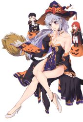 Rule 34 | 1girl, 2boys, absurdres, alternate costume, armpit crease, black choker, black hair, book, braid, breasts, broom, chibi, choker, commission, commissioner upload, fire emblem, fire emblem: genealogy of the holy war, fire emblem: thracia 776, fire emblem heroes, halloween, halloween costume, hat, high heels, highres, ishtar (fire emblem), julius (fire emblem), large breasts, legs, long hair, multiple boys, nintendo, non-web source, open mouth, pelvic curtain, pumpkin, purple eyes, purple hair, reading, red hair, reinhardt (fire emblem), sideboob, single braid, skeb commission, thighs, witch, witch hat, yuuri (orz commushows)
