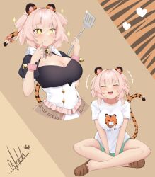 Rule 34 | + +, 1girl, absurdres, animal ears, blush, breasts, brown background, cleavage, closed mouth, clothes writing, commentary, cute tiger style (project sekai), english commentary, highres, indian style, indie virtual youtuber, large breasts, multiple views, natch imaycz, open mouth, shirt, short hair, short sleeves, signature, sitting, tail, teeth, tiger ears, tiger girl, tiger tail, tori thaiga, two side up, upper teeth only, v arms, virtual youtuber, white shirt