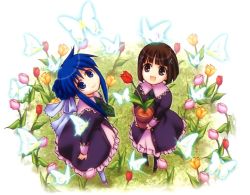 Rule 34 | 00s, 2girls, black legwear, blue hair, bow, brown hair, bug, butterfly, dress, female focus, flower, flower pot, hair bow, hair bun, hair tie, insect, looking at viewer, looking up, multiple girls, open mouth, outdoors, plant, potted plant, purple dress, single hair bun, smile, standing, strawberry panic!, suzumi tamao, tsukidate chiyo, tulip