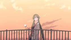 Rule 34 | 1girl, blush, closed mouth, cloud, cloudy sky, evening, grey hair, hair ornament, hatsune miku, highres, light smile, long hair, looking up, orange sky, outdoors, purple eyes, railing, sky, smile, solo, standing, twintails, upper body, very long hair, vocaloid, yukima (yushika)