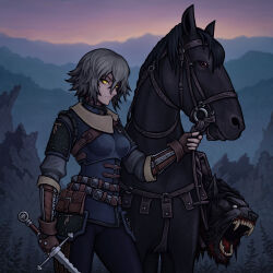 Rule 34 | 1boy, 1girl, absurdres, armor, black hair, black horse, blank eyes, breastplate, brown eyes, disembodied head, dusk, fantasy, fingerless gloves, genderswap, genderswap (mtf), geralt of rivia, gloves, grey hair, highres, holding, holding reins, holding sword, holding weapon, horse, jacket, leather, leather armor, leather gloves, leather jacket, looking at viewer, medieval, mountain, open mouth, pointy ears, pouch, reins, roach (witcher), sharp teeth, short hair, slit pupils, soulless sketch, studded gloves, sunset, sword, teeth, the witcher (series), the witcher 3, weapon, werewolf, yellow eyes
