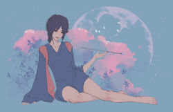 Rule 34 | 1girl, absurdres, arm support, bare legs, barefoot, bird, black hair, blue background, blue eyes, blue shirt, breasts, chinese commentary, cloud, collarbone, covered navel, dress, elden ring, feet, flower, full body, highres, holding, holding smoking pipe, kiseru, legs, long hair, long sleeves, looking at viewer, makeup, medium breasts, moon, nao tou di guan, plant, shirt, simple background, sitting, sky, smile, smoking pipe, solo, sorceress sellen, toes, white bird, wide sleeves, yokozuwari