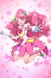Rule 34 | 1girl, :d, commentary request, cure grace, flower, full body, gloves, hanadera nodoka, healin&#039; good precure, heart, jumping, long hair, looking at viewer, magical girl, open mouth, petals, pink eyes, pink hair, precure, red flower, red rose, rose, smile, solo, tj-type1, white gloves