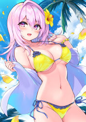 Rule 34 | 1girl, :d, bare shoulders, bikini, blue sky, blush, breasts, cleavage, cloud, cloudy sky, collarbone, commentary request, cu-no, day, dutch angle, fingernails, flower, frilled bikini, frills, hair between eyes, hair flower, hair ornament, hibiscus, hisen kaede, jacket, large breasts, long hair, long sleeves, looking at viewer, nail polish, navel, off shoulder, open clothes, open jacket, open mouth, outdoors, palm tree, petals, pink hair, pink nails, red eyes, side-tie bikini bottom, single hair intake, sky, smile, solo, string bikini, swimsuit, tree, white jacket, yayoi sakura, yellow bikini, yellow flower