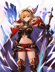 Rule 34 | 1girl, absurdres, ahoge, annno ans, arm at side, armor, axe, battle axe, belt, black gloves, blonde hair, breasts, brown eyes, cape, cleavage, cleavage cutout, closed mouth, clothing cutout, conqueror of the eternals, djeeta (granblue fantasy), earrings, elbow gloves, electricity, feet out of frame, gloves, granblue fantasy, greaves, groin, hairband, highres, holding, holding sword, holding weapon, jewelry, looking at viewer, medium breasts, midriff, navel, outstretched arm, red shorts, shorts, smile, solo, standing, stud earrings, sword, weapon