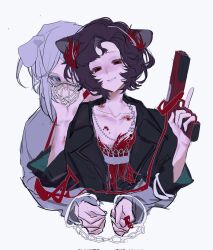 Rule 34 | 2girls, animal ears, bdsm, black jacket, blood, blood on breasts, blood on neck, blush, cat ears, closed mouth, collarbone, commentary, cuffs, dress, fang, feather dress, grey eyes, grey hair, grey shirt, gun, hand on another&#039;s chin, handcuffs, handgun, headdress, highres, holding, holding gun, holding leash, holding weapon, hug, hug from behind, jacket, kemonomimi mode, leash, long sleeves, looking at viewer, multiple girls, muzzle, npc (irene rosa86858), red dress, red eyes, reverse:1999, schneider (reverse:1999), shirt, simple background, symbol-only commentary, upper body, vertin (reverse:1999), weapon, white background, yuri