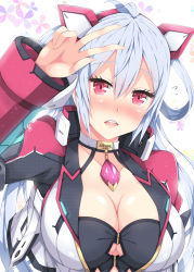 Rule 34 | 1girl, ahoge, blush, breasts, choker, cleavage, eyebrows, hair ornament, hair rings, jacket, jewelry, large breasts, lens flare, long hair, long sleeves, looking at viewer, matoi (pso2), milkpanda, open mouth, phantasy star, phantasy star online 2, red eyes, silver hair, smile, solo, twintails, upper body, v