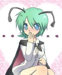 Rule 34 | ..., 1girl, aged up, antennae, bad id, bad pixiv id, blue eyes, blush, bottomless, breasts, bursting breasts, cape, capelet, covering own mouth, dress shirt, female focus, green hair, hand to own mouth, medium breasts, no pants, shirt, short hair, sitting, solo, suzumusi, touhou, upper body, wriggle nightbug