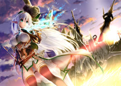 Rule 34 | 1girl, braid, breasts, bridal gauntlets, cloud, elf, female focus, gluteal fold, green eyes, hand on own chest, kiryuu takahisa, large breasts, long hair, looking to the side, magic, nipples, pointy ears, rapier, silver hair, sky, solo, statue, sword, thighhighs, very long hair, weapon, zettai ryouiki