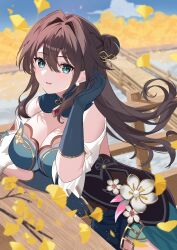Rule 34 | 1girl, absurdres, aqua eyes, bare shoulders, blue gloves, breasts, brown hair, chinese clothes, cleavage, clothing cutout, dress, gloves, highres, honkai: star rail, honkai (series), jewelry, long hair, looking at viewer, medium breasts, necklace, parted lips, rererere mon, ruan mei (honkai: star rail), short sleeves, shoulder cutout, solo