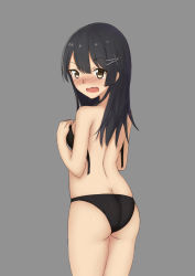 Rule 34 | 10s, 1girl, ass, bare arms, bare back, bare shoulders, bikini, black bikini, black hair, blush, breasts, brown eyes, butt crack, crying, crying with eyes open, eyebrows, from behind, hair ornament, hairclip, hands on own chest, highres, kantai collection, legs together, long hair, looking back, nose blush, open bikini, open clothes, oyashio (kancolle), rumaki, sideboob, solo, standing, swimsuit, teardrop, tears, tsurime, wavy mouth