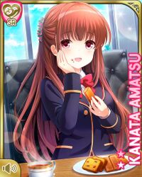 Rule 34 | 1girl, :d, amatsu kanata, blazer, blue jacket, bow, bowtie, brown hair, card, character name, day, girlfriend (kari), holding, indoors, jacket, long hair, official art, open mouth, plaid, plaid skirt, qp:flapper, red bow, red eyes, red skirt, restaurant, school uniform, shirt, sitting, skirt, smile, solo, table, tagme, white shirt
