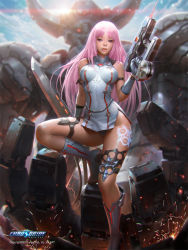 Rule 34 | 1girl, blue eyes, boots, breasts, chaos drive, curvy, dress, eyeshadow, gloves, gun, handgun, judith (chaos drive), kilart, large breasts, laser, laser pointer projection, laser sight, leg up, lips, long hair, makeup, mecha, neon trim, nose, pink hair, robot, science fiction, short dress, side slit, size difference, solo focus, tattoo, weapon