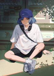 Rule 34 | 1girl, absurdres, alternate costume, arms at sides, black shorts, blue hair, blue hat, bocchi the rock!, casual, closed mouth, commentary, day, english commentary, expressionless, full body, grey footwear, hair ornament, hairclip, hat, headphones, headphones around neck, highres, indian style, jl tan, looking at viewer, mole, mole under eye, outdoors, peaked cap, shirt, shoes, short hair, shorts, sidelighting, sitting, sneakers, solo, watch, white shirt, wristwatch, yamada ryo, yellow eyes