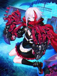 Rule 34 | 1girl, admiral graf spee (azur lane), ariso kaoru, azur lane, black dress, black footwear, black socks, blue eyes, boots, breasts, chromatic aberration, claws, commentary, cross, dress, highres, iron cross, looking at viewer, mechanical arms, multicolored hair, rigging, scarf, scarf over mouth, sidelocks, small breasts, socks, solo, streaked hair, underboob, white hair