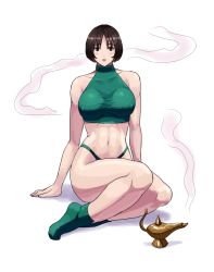 Rule 34 | 1girl, 78 (tky8), abs, bare arms, bare legs, bare shoulders, black eyes, black hair, breasts, cleavage, collarbone, covered erect nipples, eyebrows hidden by hair, final fantasy, final fantasy v, lamp, large breasts, looking at viewer, nipples, open mouth, shadow, short hair, simple background, sitting, smoke, solo, sports bra, stomach, vest, white background, zephyrus