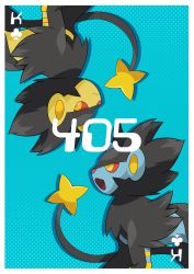 Rule 34 | alternate color, animal focus, blue background, border, card (medium), closed mouth, colored sclera, creatures (company), fangs, from side, game freak, gen 4 pokemon, hanamoru, highres, looking at viewer, luxray, nintendo, no humans, open mouth, pokedex number, pokemon, pokemon (creature), polka dot, polka dot background, profile, red sclera, rotational symmetry, shiny and normal, shiny pokemon, simple background, spade (shape), standing, upside-down, white border, yellow eyes