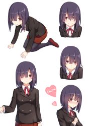 Rule 34 | 1girl, all fours, awakusu akane, bad id, bad pixiv id, black hair, blush, character name, child, chinese text, commentary request, dianche miao (18826), durarara!!, expressions, hair between eyes, hair over one eye, heart, highres, multiple views, pantyhose, purple hair, red eyes, school uniform, short hair, simple background, smile, white background
