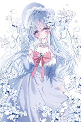 Rule 34 | 1girl, absurdres, blush, bonnet, bow, breasts, cleavage, commentary request, dress, feathered wings, finger to mouth, flower, grey dress, grey eyes, grey hair, grey headwear, hair between eyes, hand up, head tilt, highres, large breasts, long hair, long sleeves, looking at viewer, nose blush, original, pink bow, simple background, solo, tandohark, very long hair, white background, white flower, white wings, wings