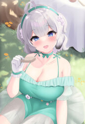 Rule 34 | 1girl, absurdres, ahoge, azur lane, blue eyes, breasts, choker, cleavage, collarbone, cowboy shot, dress, elegant (sumisumi4268), flower, food, gloves, grass, green choker, green dress, green hairband, grey hair, hairband, highres, holding, holding food, large breasts, open mouth, oppai loli, solo, white gloves, z28 (azur lane)