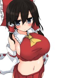 Rule 34 | 1girl, ascot, black hair, blue eyes, blush, bow, breasts, closed mouth, commentary request, cowboy shot, detached sleeves, golgi hon, hair between eyes, hair bow, hair tubes, hakurei reimu, highres, jitome, large breasts, looking at viewer, midriff, miniskirt, navel, red bow, ribbon-trimmed sleeves, ribbon trim, sideboob, sidelocks, simple background, skirt, solo, stomach, touhou, white background