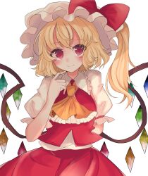 Rule 34 | 1girl, ascot, blush, bow, closed mouth, collared shirt, finger to mouth, flandre scarlet, frilled ascot, frilled shirt collar, frills, hat, hat bow, head tilt, highres, hyaku paasento, light smile, looking at viewer, mob cap, multicolored wings, puffy short sleeves, puffy sleeves, red bow, red eyes, red ribbon, red skirt, red vest, ribbon, shirt, short sleeves, simple background, skirt, skirt set, sleeve ribbon, solo, touhou, vest, white background, white hat, white shirt, wings, yellow ascot