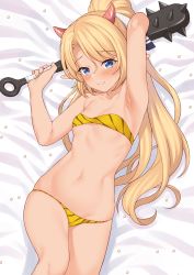 Rule 34 | 1girl, arm up, armpits, bed sheet, bikini, blonde hair, blue eyes, blush, closed mouth, club, club (weapon), collarbone, commentary request, elf, flat chest, highres, holding, holding weapon, horns, iris (takunomi), kanabou, long hair, lying, navel, on back, on bed, original, pointy ears, ponytail, setsubun, skindentation, smile, solo, spiked club, stomach, strapless, strapless bikini, striped bikini, striped clothes, swimsuit, takunomi, very long hair, weapon, yellow bikini