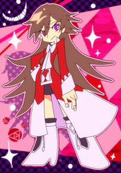 Rule 34 | 1girl, alice (pandora hearts), boots, brown hair, crossover, fingernails, full body, long hair, long sleeves, looking at viewer, lowres, miniskirt, pandora hearts, panty &amp; stocking with garterbelt, parody, purple eyes, ribbon, skirt, solo, standing, style parody, white footwear