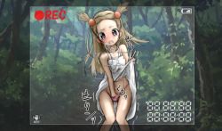 Rule 34 | 1girl, absurdres, bare shoulders, battery indicator, between legs, black eyes, blush, bow, bow panties, breath, brown hair, bush, clothes lift, collarbone, creatures (company), crying, dress, dress lift, embarrassed, female focus, flat chest, forehead, forest, game freak, gym leader, hair bobbles, hair ornament, hand between legs, hand under clothes, hand up, have to pee, highres, japanese text, jasmine (pokemon), knees together feet apart, lifted by self, long hair, looking at viewer, mal (malmlamal), motion lines, nature, navel, nintendo, open mouth, outdoors, panties, pink panties, pokemon, pokemon gsc, recording, sleeveless, sleeveless dress, solo, spaghetti strap, standing, tears, translation request, tree, trembling, underwear, v, viewfinder, white dress