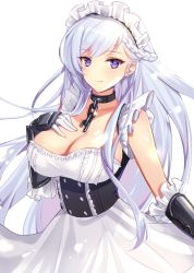 Rule 34 | 1girl, azur lane, belfast (azur lane), blush, braid, breasts, chain, cleavage, collar, collarbone, dress, french braid, frills, gloves, hand on breast, highres, large breasts, long hair, looking at viewer, maid, maid headdress, purple eyes, sina (sinasinatu), smile, solo, white gloves, white hair