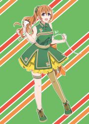Rule 34 | 1girl, 7-eleven, absurdres, alternate hairstyle, artist name, artist request, blush, bow, breasts, bridal garter, brown hair, brown legwear, clenched hand, collared shirt, cross-laced footwear, female focus, floating hair, frilled skirt, frills, full body, green background, green footwear, green scrunchie, green shirt, green skirt, hair between eyes, hair ornament, hair scrunchie, high ponytail, highres, holding, konoe kanata, legwear garter, long hair, looking at viewer, love live!, love live! nijigasaki high school idol club, miniskirt, orange bow, parted lips, plaid, plaid skirt, pleated, pleated skirt, ponytail, purple eyes, scrunchie, shirt, shoes, single legwear, single legwear garter, skirt, sleeveless, sleeveless shirt, small breasts, smile, solo, standing, wing collar, yellow skirt