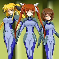 Rule 34 | &gt;:), 00s, 3girls, bad end, blonde hair, bodysuit, breasts, brown hair, cosplay, dark persona, ebako, evil smile, facial hair, fate testarossa, gauntlets, hair ornament, highres, large breasts, long hair, looking at viewer, lyrical nanoha, mahou shoujo lyrical nanoha strikers, md5 mismatch, multiple girls, numbers (nanoha), numbers (nanoha) (cosplay), orange hair, red hair, short hair, smile, takamachi nanoha, twintails, v-shaped eyebrows, x hair ornament, yagami hayate, yellow eyes, you gonna get raped
