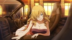 Rule 34 | 1girl, blonde hair, blue eyes, breasts, cleavage, drill hair, large breasts, long hair, looking at viewer, mature female, official art, oriana thomason, sarong, seductive smile, sitting, smile, tank top, thighhighs, thighs, toaru majutsu no index, vehicle