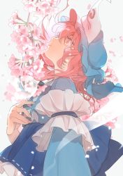 Rule 34 | 1girl, arm garter, blue hat, blue kimono, cherry blossoms, commentary request, floating hair, flower, from side, grey background, hand up, hat, highres, japanese clothes, kerok (joniko1110), kimono, long hair, long sleeves, mob cap, pink eyes, pink hair, saigyouji yuyuko, solo, touhou, triangular headpiece, upper body