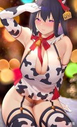 Rule 34 | 1girl, animal print, arm up, bare hips, bell, black hair, breasts, cleavage, cleavage cutout, clothing cutout, cow girl, cow horns, cow print, dress, elbow gloves, female pubic hair, gloves, highres, horns, karinto yamada, large breasts, legs together, neck bell, original, pubic hair, purple eyes, short dress, sitting, solo, thighhighs, thighs