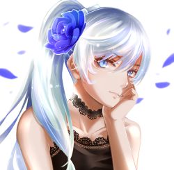 Rule 34 | 1girl, bad id, bad pixiv id, blue eyes, blue flower, blue rose, choker, collar, flower, hair between eyes, hair flower, hair ornament, hayadai, head rest, highres, long hair, looking at viewer, petals, rose, rwby, side ponytail, silver hair, simple background, sleeveless, solo, upper body, very long hair, weiss schnee, white background