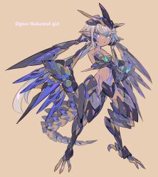 Rule 34 | 1girl, armor, blonde hair, body markings, breasts, claws, crossed arms, cyborg, dark-skinned female, dark skin, earrings, english text, full body, harpy, horns, jewelry, mecha, mechanical arms, mechanical legs, mechanical tail, mechanical wings, mk-5, monster girl, navel, original, pointy ears, ponytail, robot, small breasts, smile, tail, tattoo, wings, yellow background