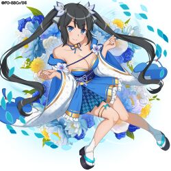 1girl bell black_hair blue_eyes blue_flower blue_ribbon blue_rose blue_skirt bow breasts cleavage closed_mouth collarbone detached_sleeves dungeon_ni_deai_wo_motomeru_no_wa_machigatteiru_darou_ka floating_hair flower full_body grey_bow hair_bow head_tilt hestia_(danmachi) highres japanese_clothes jewelry large_breasts long_hair long_sleeves looking_at_viewer miniskirt neck_bell neck_ribbon official_art petals pleated_skirt ribbon rose skirt smile socks solo strapless tabi thighlet twintails very_long_hair white_flower white_sleeves white_socks wide_sleeves