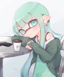 Rule 34 | 1girl, artist name, blunt bangs, bra strap, cardigan, cellphone, chair, closed mouth, coffee cup, commentary, cup, disposable cup, dress, ear piercing, earrings, elbow rest, green cardigan, green dress, green eyes, green hair, highres, inkling, inkling girl, inkling player character, jewelry, leaning forward, light blush, long hair, looking at viewer, medium dress, nintendo, off shoulder, open cardigan, open clothes, phone, piercing, pioxpioo, pointy ears, signature, sitting, smartphone, smile, solo, splatoon (series), symbol-only commentary, table, tentacle hair