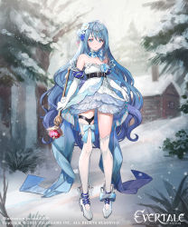 Rule 34 | 1girl, 2021, absurdres, artist name, azu-taro, blue eyes, blue footwear, blue hair, company name, copyright name, copyright notice, dress, elbow gloves, evertale, flower, gloves, hair flower, hair ornament, high heels, highres, holding, holding staff, long hair, looking at viewer, official art, parted lips, snow white (evertale), solo, staff, standing, strapless, strapless dress, thighhighs, very long hair, white gloves, white thighhighs